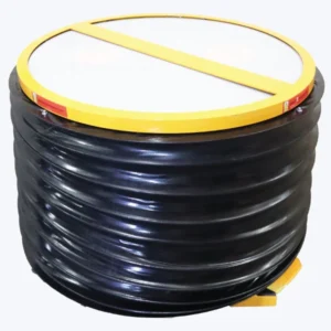 Round safety curtain fitted to pallet leveller – protects from debris and enhances operator safety